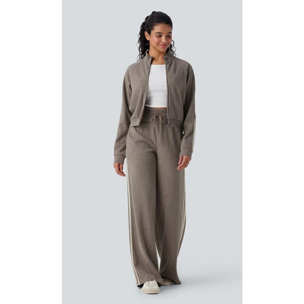 Halara Ribbed High Waisted Tummy Control Drawstring Wide Leg Taupe Trousers L